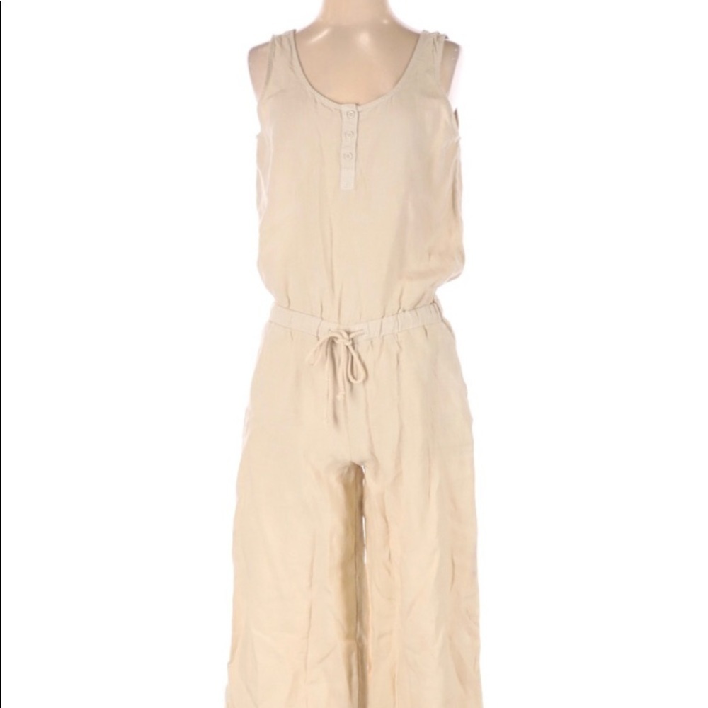 CLOTH & STONE  ANTHROPOLOGIE MIDI TAN SLEEVELESS CAPRI JUMPSUIT 100% LINEN M
